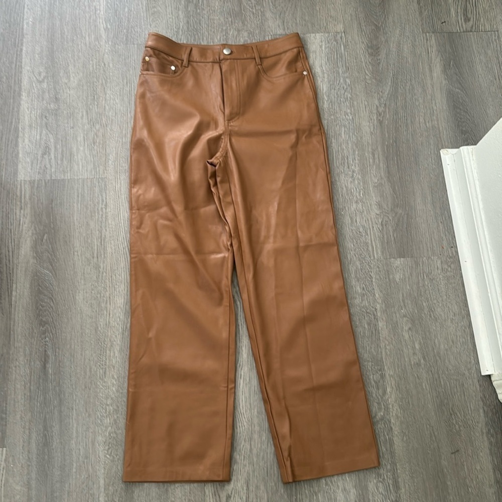 Cami Nyc Tan Vegan Leather Straight Leg Pants Size Small